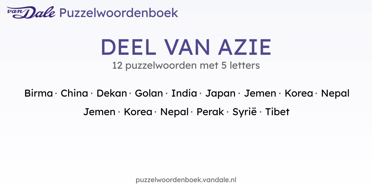 Puzzelwoorden voor DEEL VAN AZIE - 12 puzzelwoorden met 5 letters | Van ...